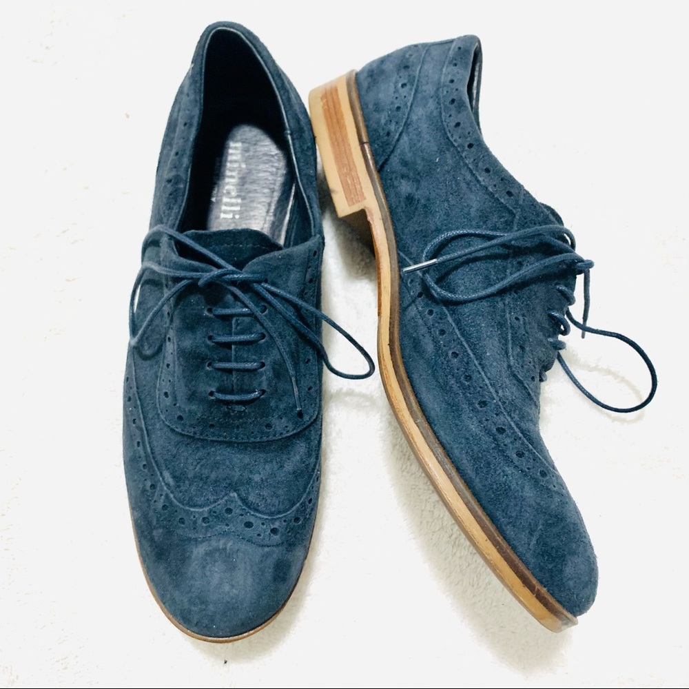 MINELLI Italy Blue Suede Wingtip Leather Shoes 8.5 - Picture 3 of 9